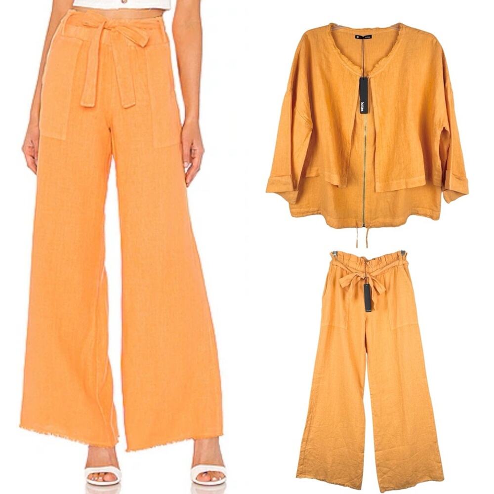 NWT Revolve KRISA Linen Zip Jacket and Paperbag Waist Wide Leg Pant Set Mango M